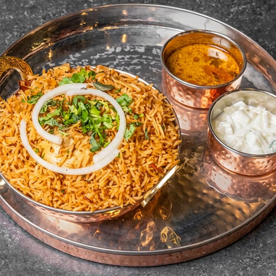 Copper platter holding spiced rice garnished with onion and cilantro, accompanied by curry and creamy raita.