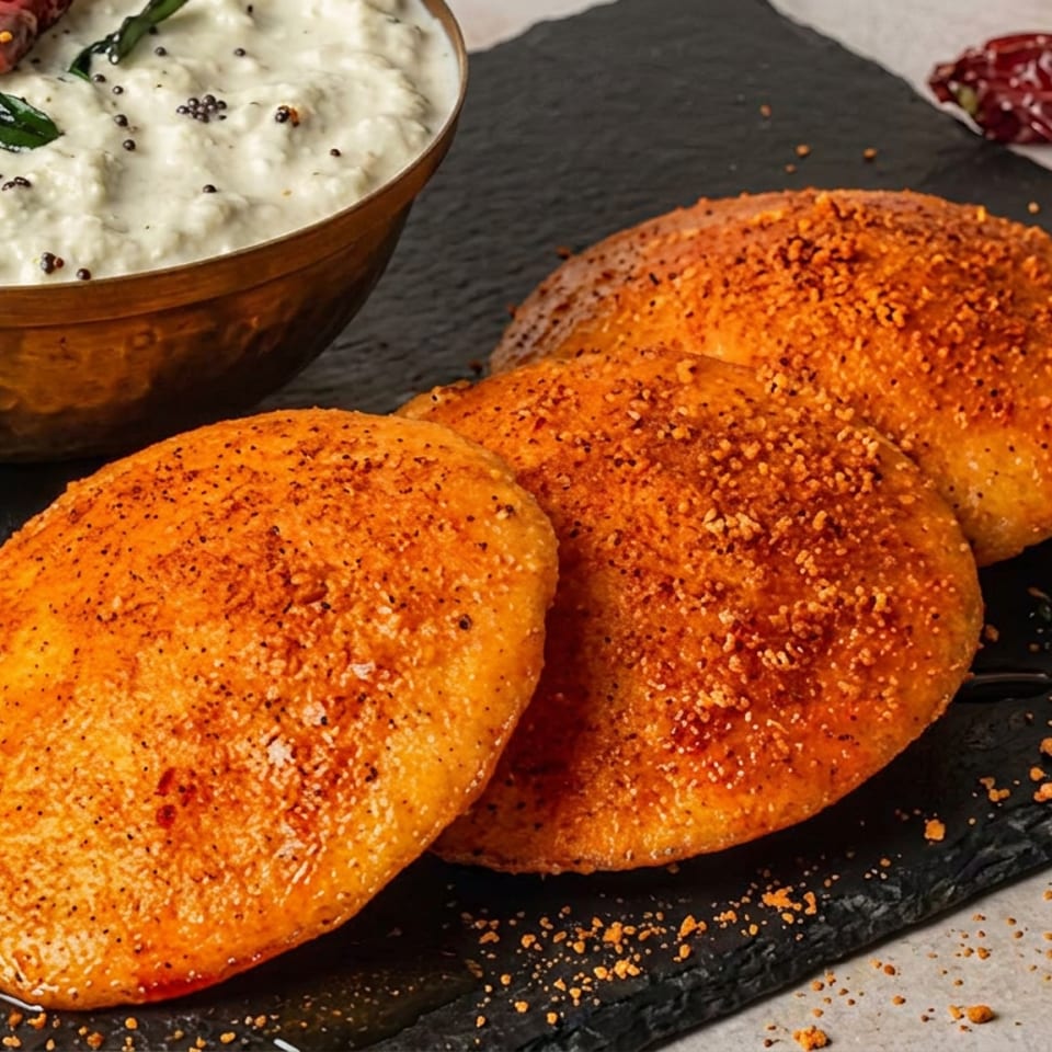 Three golden spiced South Indian pancakes served on a slate board with coconut chutney, curry leaves, and dried chilies.