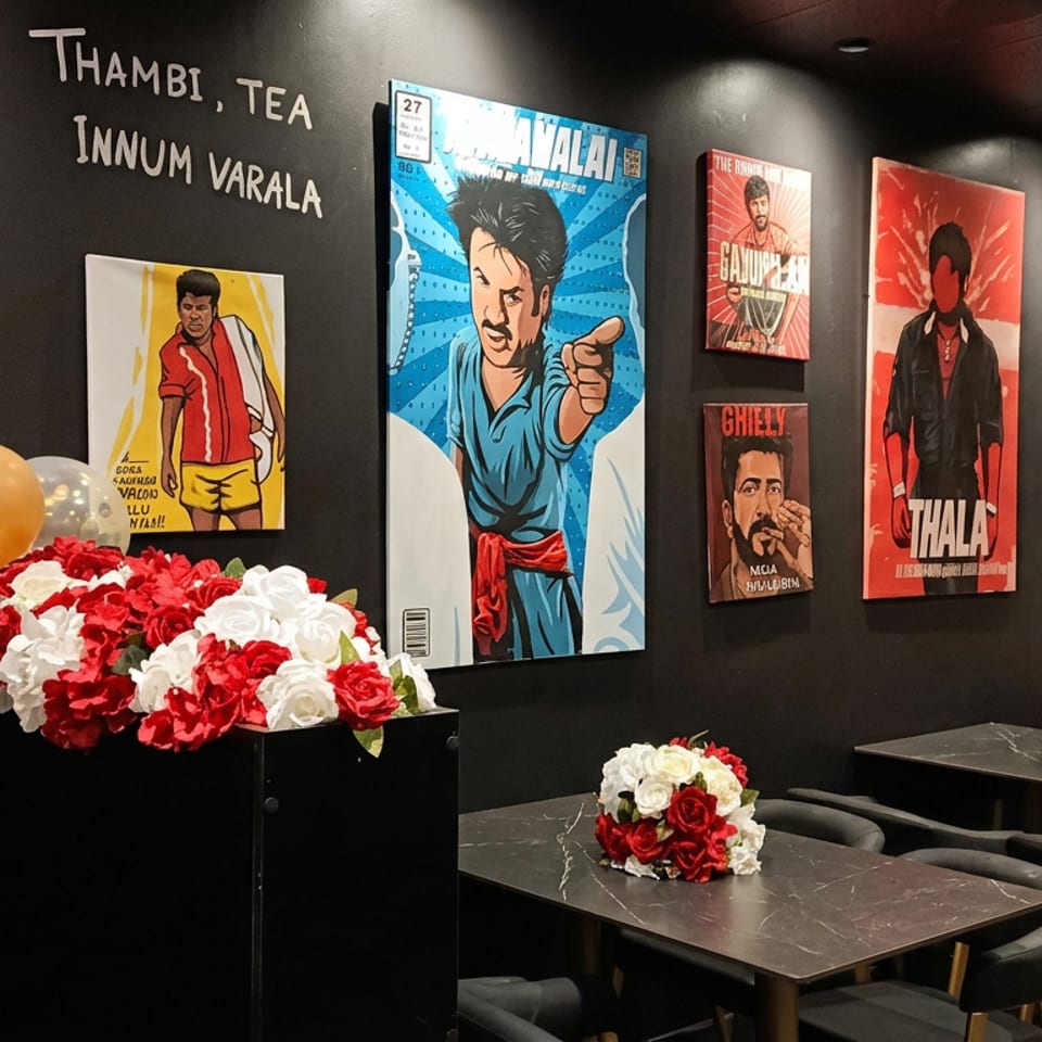 Restaurant dining room with black walls, vintage film posters, dark tables, red-and-white floral centerpieces, and gold balloons.