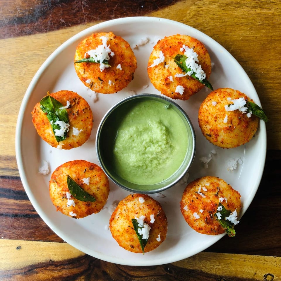 Golden fried savory cakes garnished with coconut and curry leaves surround a bowl of green chutney on a white plate.