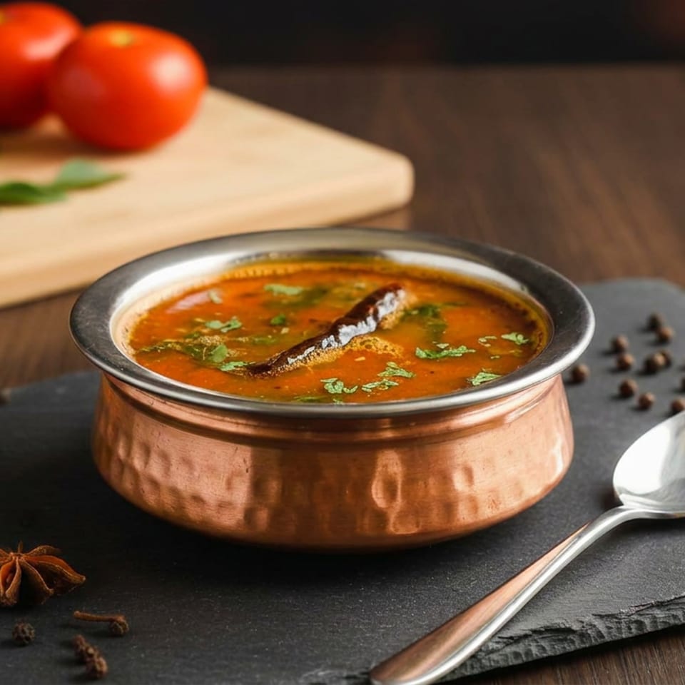 Copper bowl of spiced tomato curry garnished with herbs, served with a spoon and whole spices on a slate board.