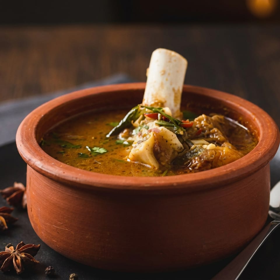 Clay pot of spiced stew garnished with herbs and vegetables, served with flatbread, spoon, and star anise on a black plate.