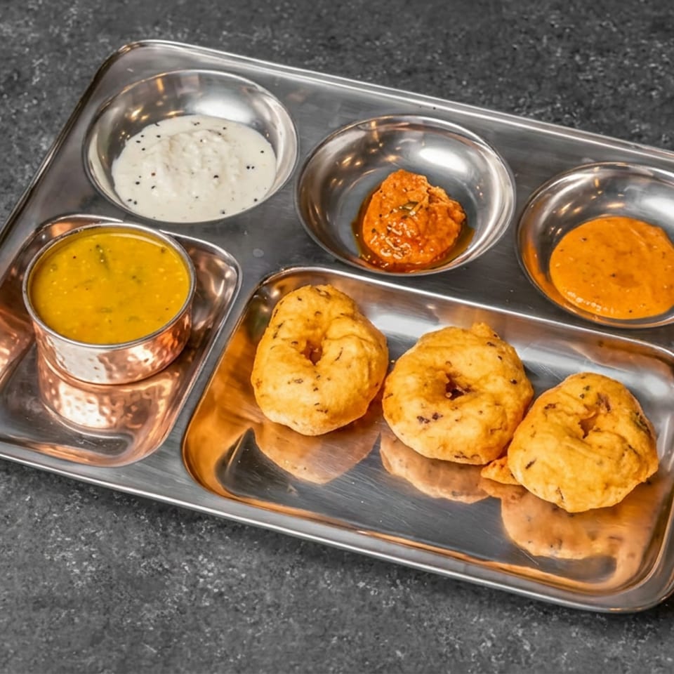 South Indian breakfast platter with three crispy vadas, sambar, coconut chutney, and two colorful chutneys on a stainless-steel tray.