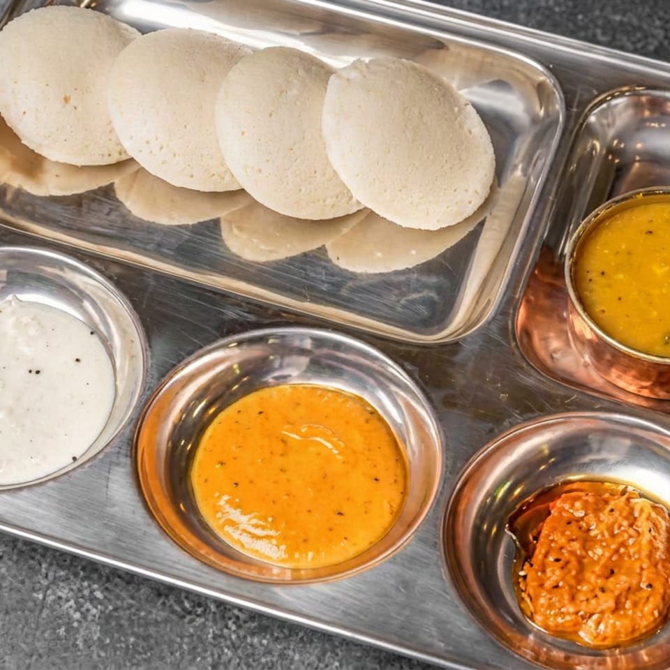 South Indian idlis served on a stainless steel tray with bowls of coconut chutney, sambar, and spicy chutneys.