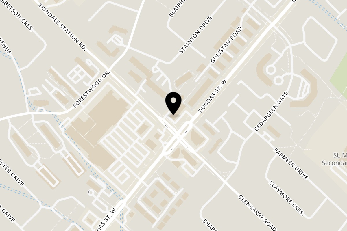 Map showing the location of Arusuvai Kitchen Mississauga on 1067 Dundas Street West in Mississauga
